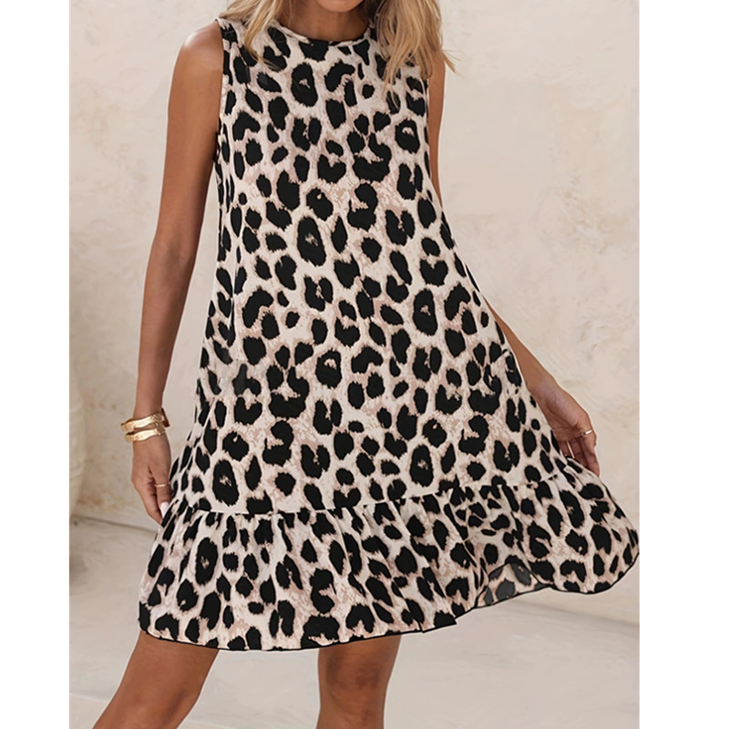 Street Fashion Online - Elegancka, bezrękawnikowa sukienka letnia w panterkę