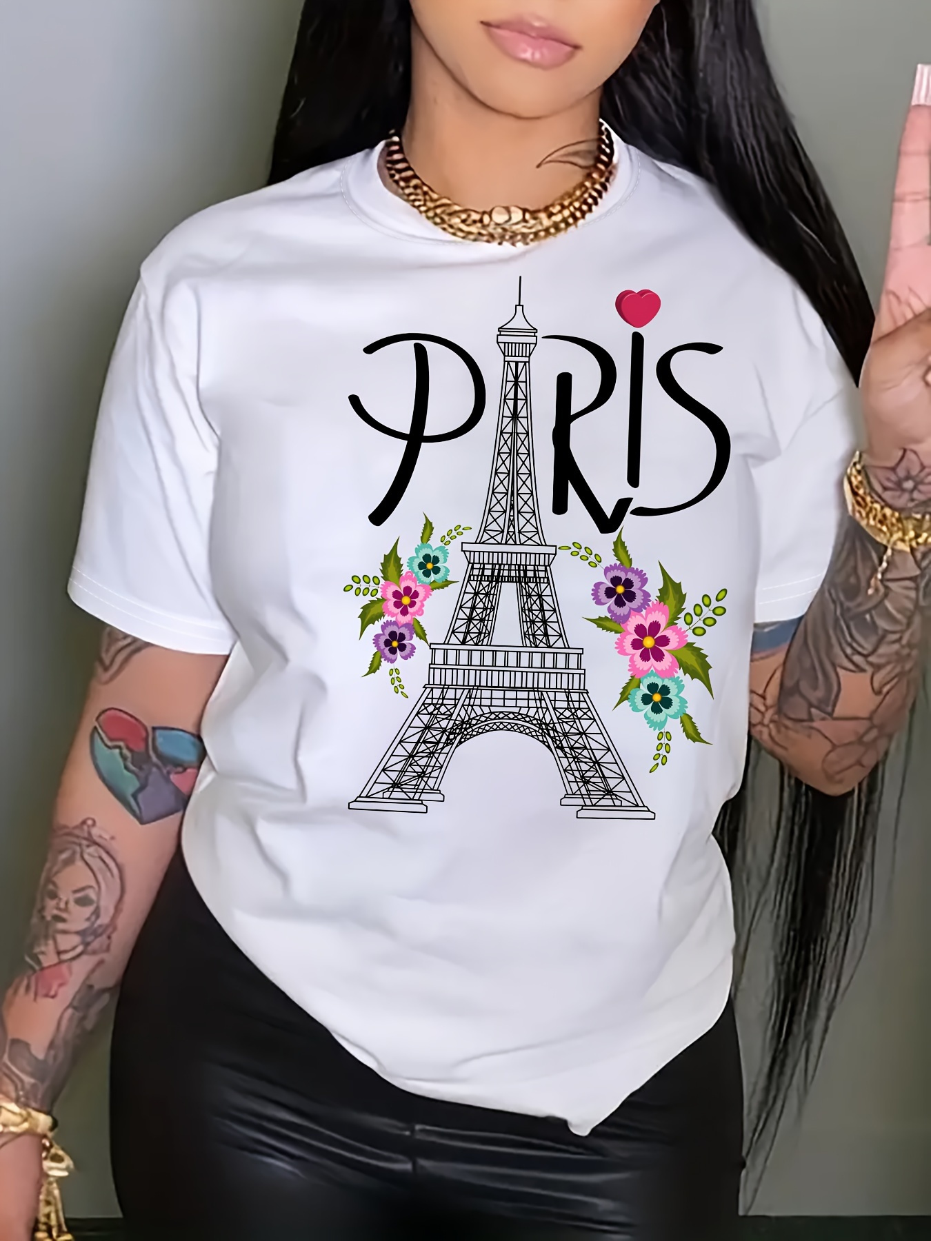 Street Fashion In Paris - Krótki rękaw, nadruk Wieży Eiffla w