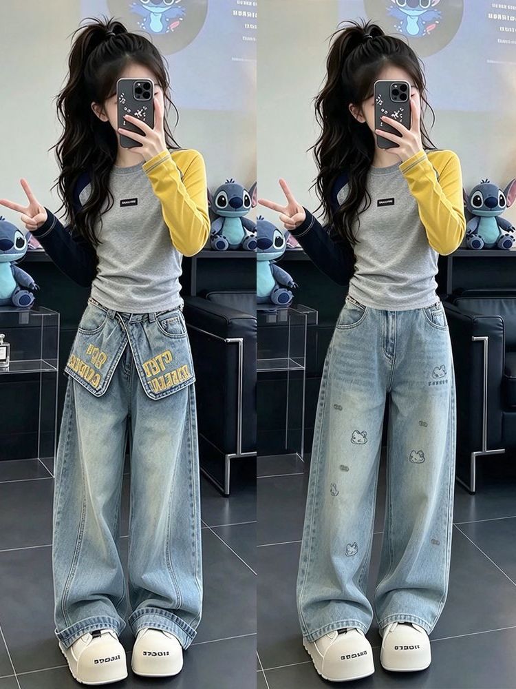 Street Fashion Korean Girl - Dziewczęcy casualowy zestaw dżinsowy z długim